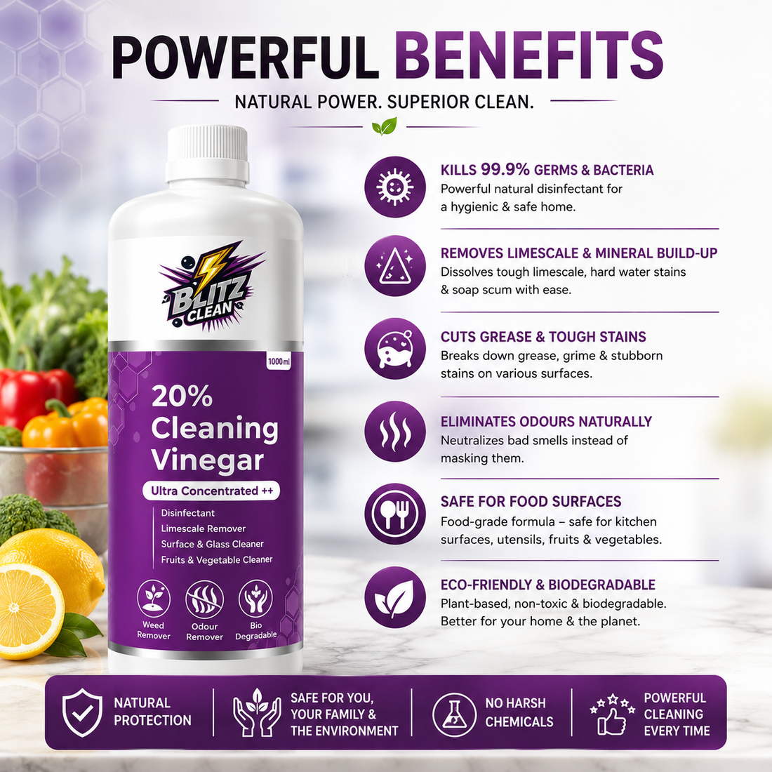 20% Cleaning Vinegar 1000 ml | Ultra-Concentrated Multipurpose Cleaner for Limescale, Grease, Glass, Tiles, Sinks, Drains & Odours
