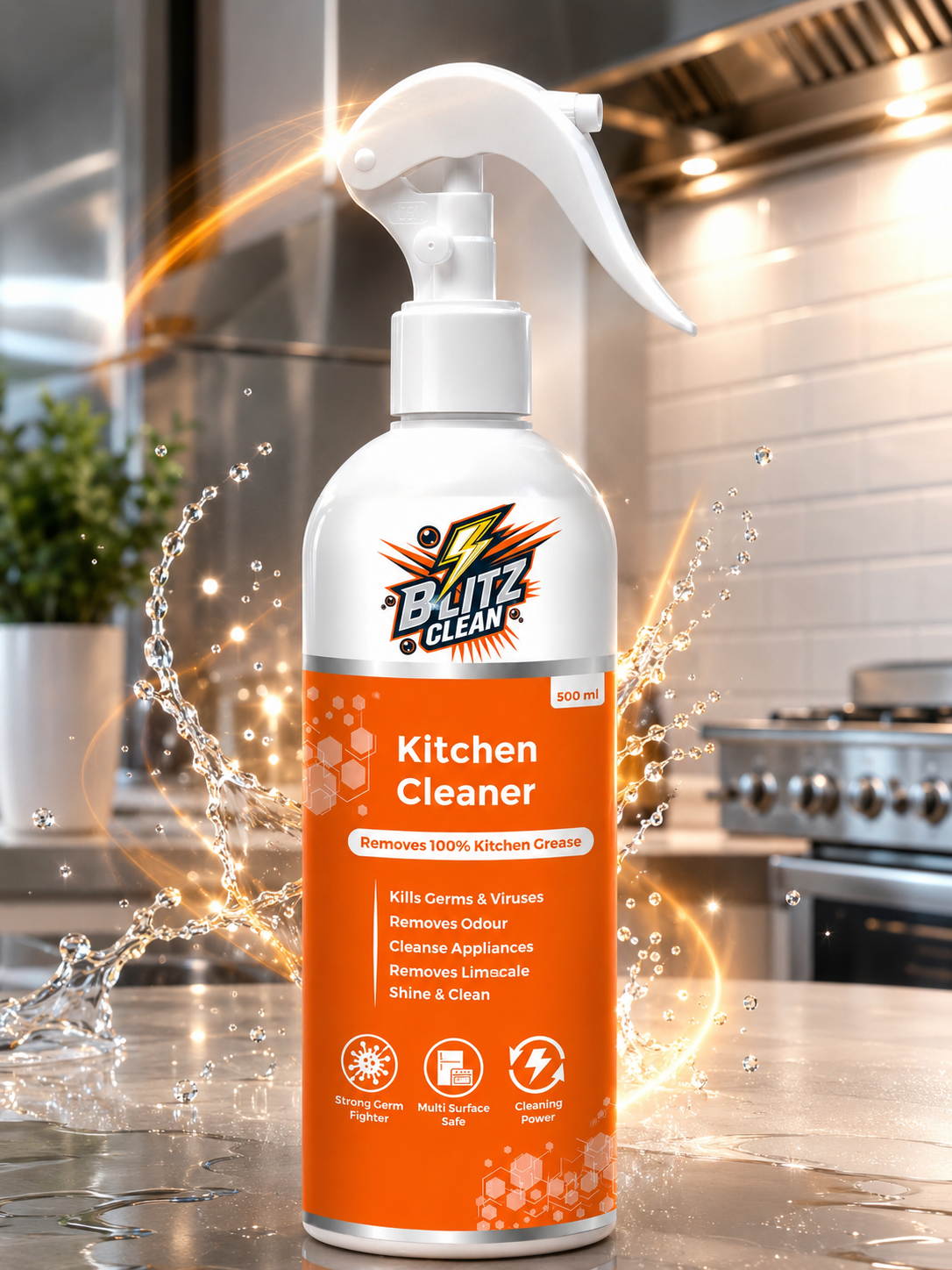 Kitchen Cleaner Spray 500 ml | Powerful Grease, Oil, Grime & Burnt-Stain Remover for Stoves, Tiles, Sinks, Countertops, Microwaves & Chimneys