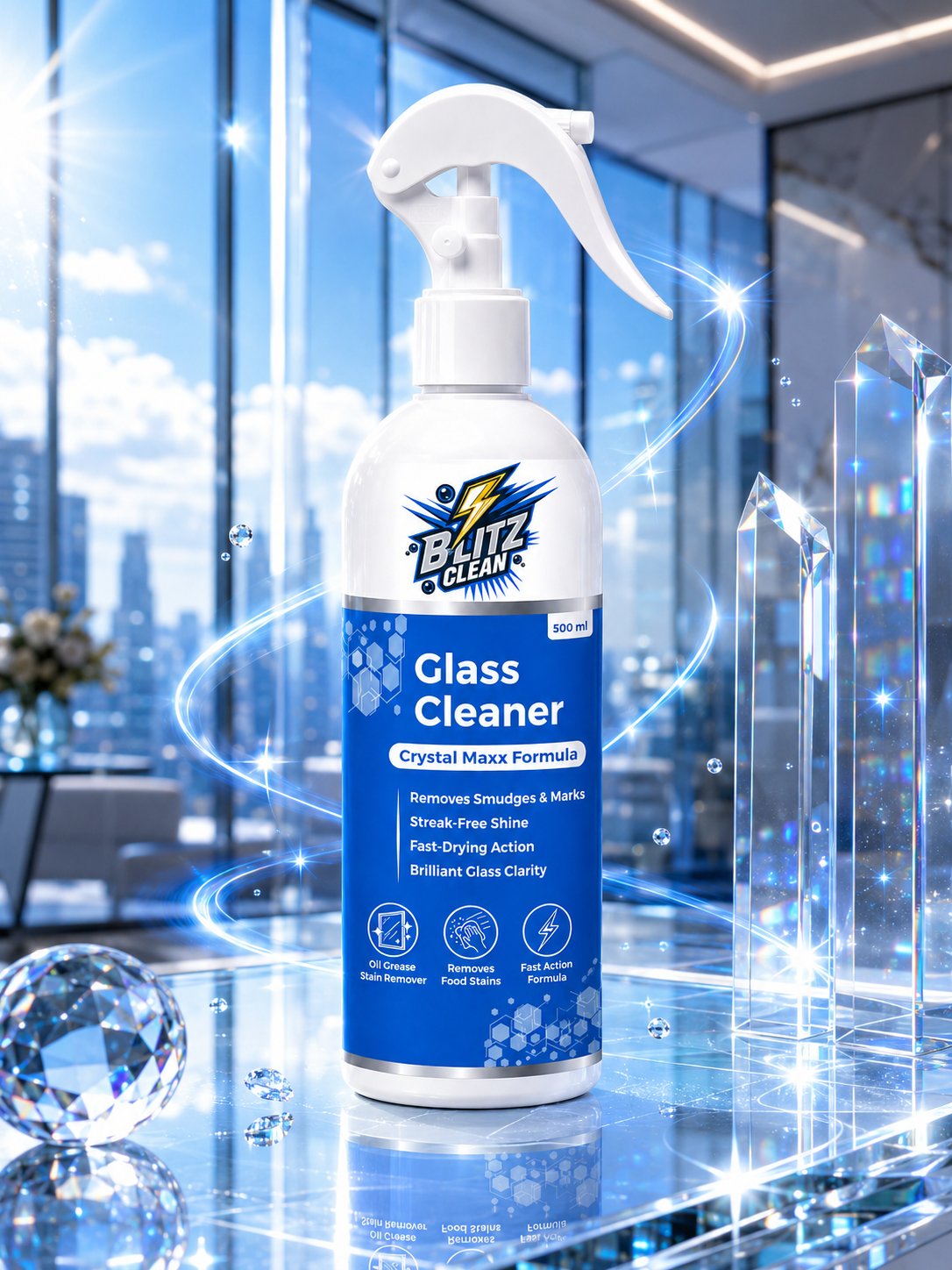 Glass Cleaner 500 ml Spray | Crystal Maxx Formula | Streak-Free Glass & Mirror Cleaner | Removes Smudges, Fingerprints & Marks | Fast-Drying Cleaner for Windows, Mirrors, Glass Tables, Shower Glass & Car Glass