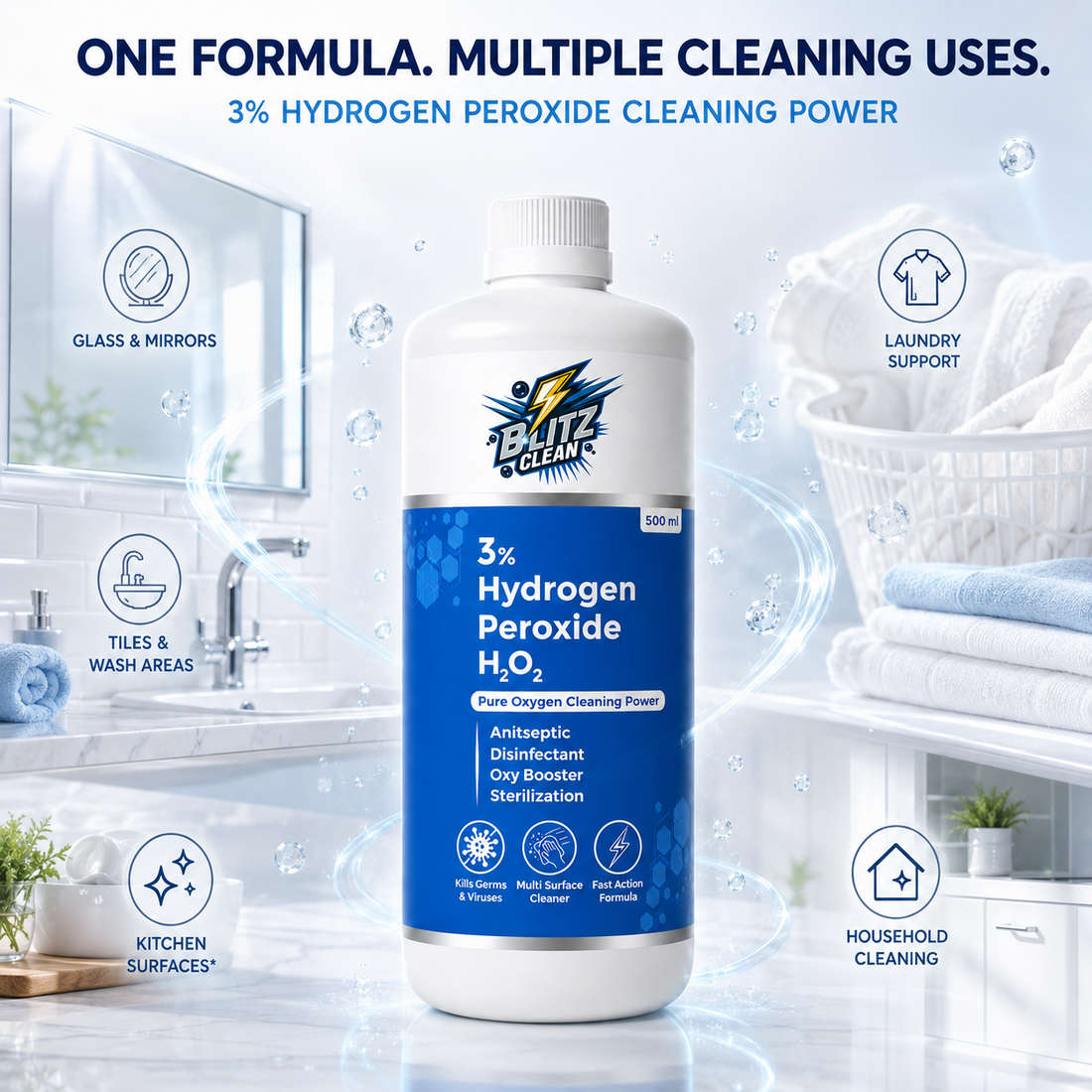 3% Hydrogen Peroxide 500 ml | H₂O₂ Oxygen-Based Multi-Purpose Cleaner | Fast-Acting Cleaning Formula for Glass, Tiles, Wash Areas & Household Surfaces