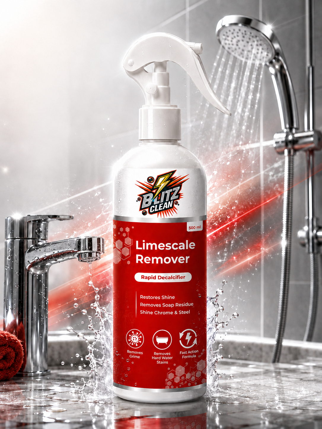 Limescale Remover Spray 500 ml | Rapid Decalcifier for Hard Water Stains, Soap Scum & Mineral Deposits | Chrome, Steel, Taps, Showers & Bathroom Surface Cleaner
