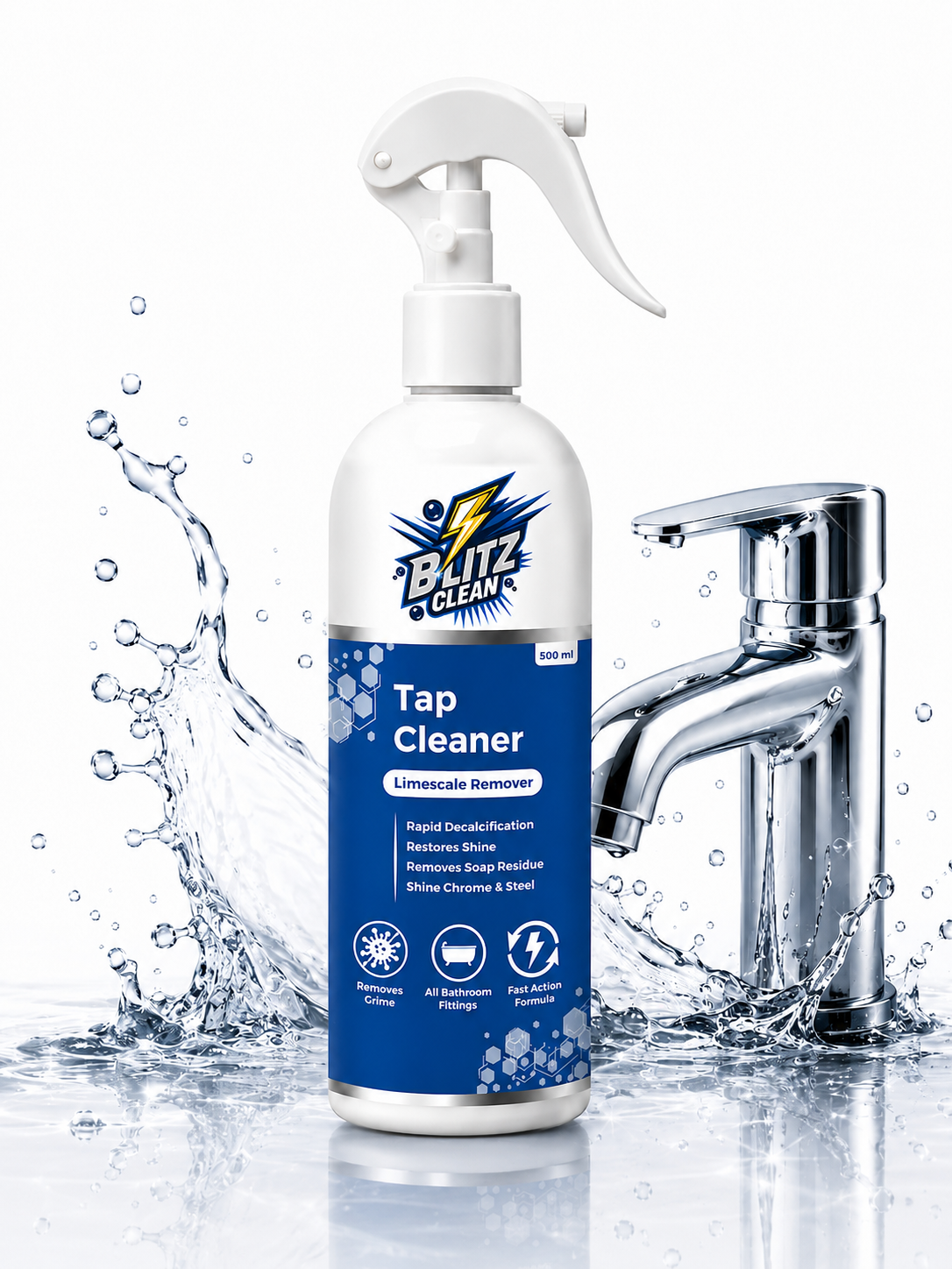 Tap Cleaner Spray 500 ml | Limescale, Hard-Water Stain & Soap Residue Remover for Chrome and Stainless-Steel Fixtures