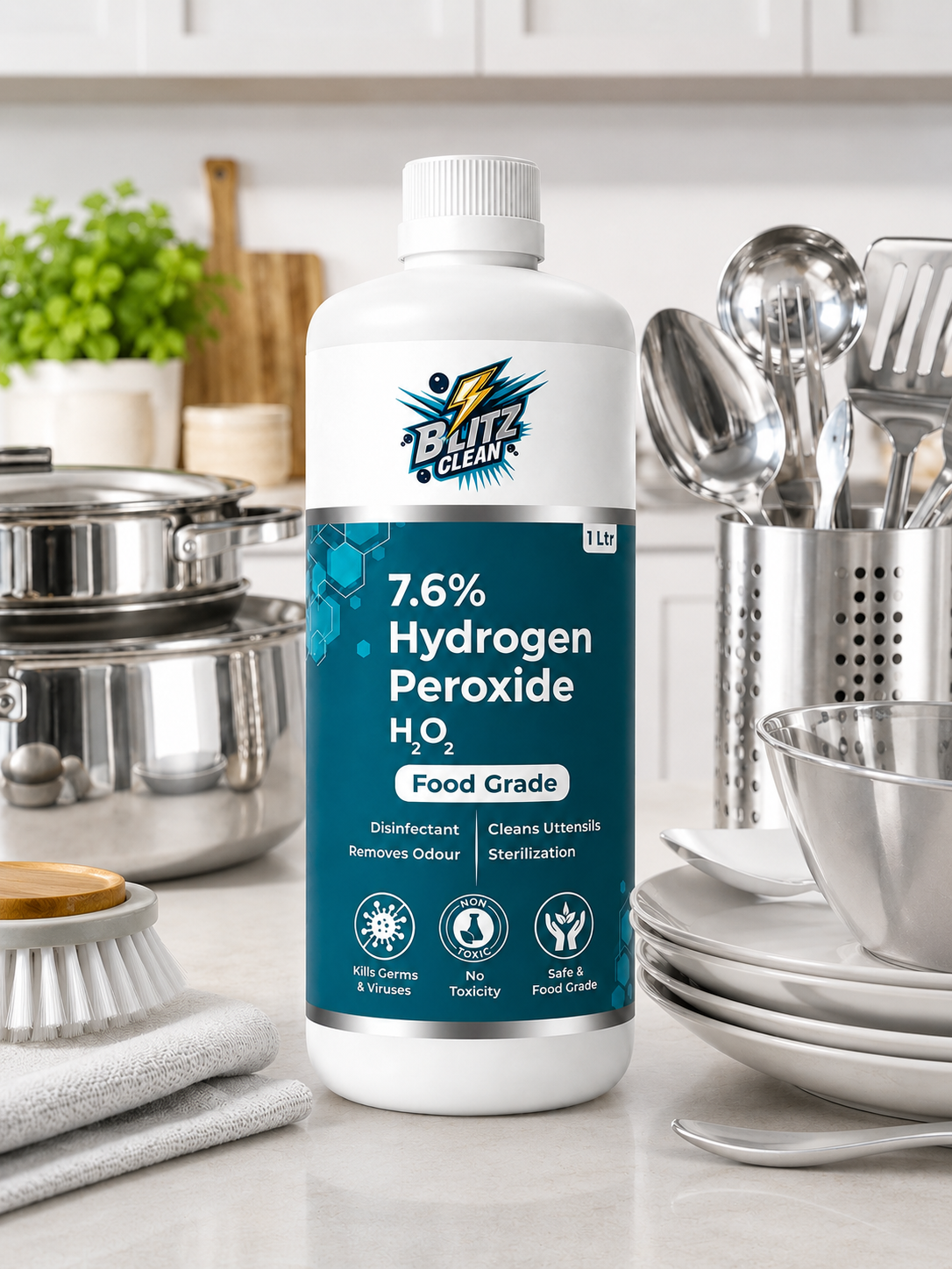 Hydrogen Peroxide 7.6% Food Grade 1000 ml | Stabilizer-Free Multi-Purpose Cleaner, Vegetable Wash & First Aid