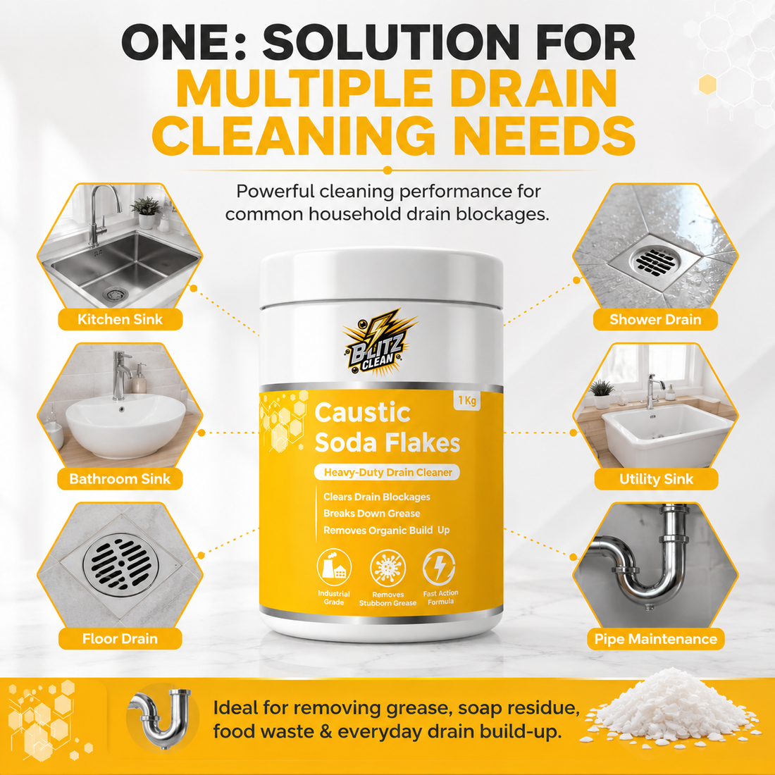 Caustic Soda Flakes 1 KG | Heavy-Duty Drain Cleaner | Clears Drain Blockages, Breaks Down Grease & Organic Build-Up