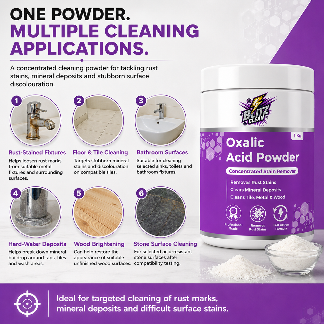 Oxalic Acid Powder 1 KG | Concentrated Rust & Mineral Stain Remover | Cleans Tile, Metal & Wood | Professional Grade Cleaning Powder