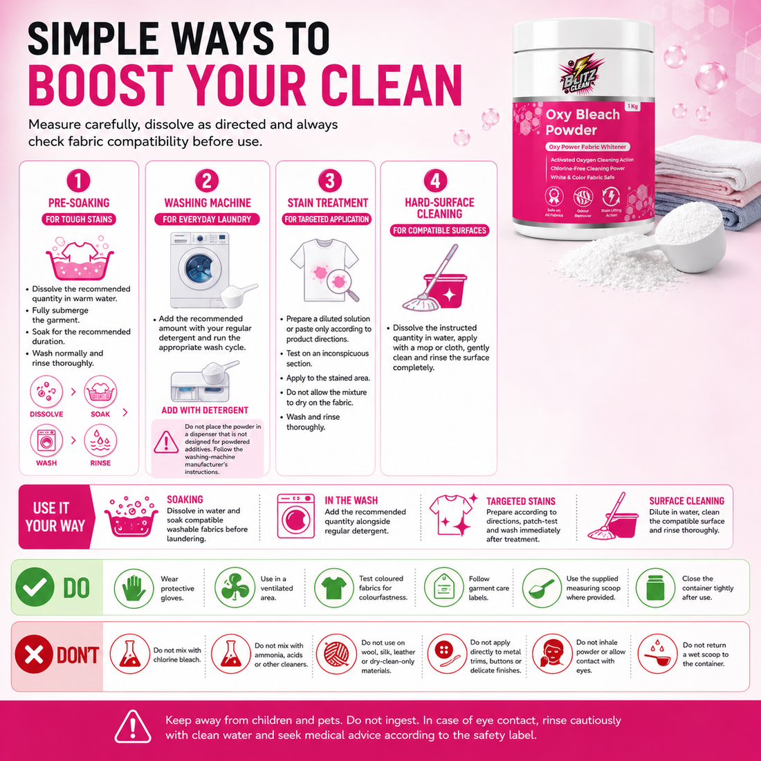Oxy Bleach Powder 1 KG | Oxygen-Based Fabric Whitener & Stain Remover | Chlorine-Free Laundry Booster | Safe for White & Colourfast Fabrics | Active Oxygen Cleaning Powder