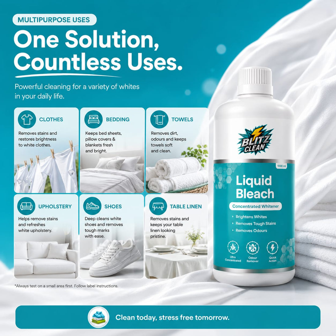Liquid Bleach 1000 ml | Concentrated Whitener for White Clothes | Removes Tough Stains & Odours | Laundry Bleach for Cotton, Linen & Washable White Fabrics